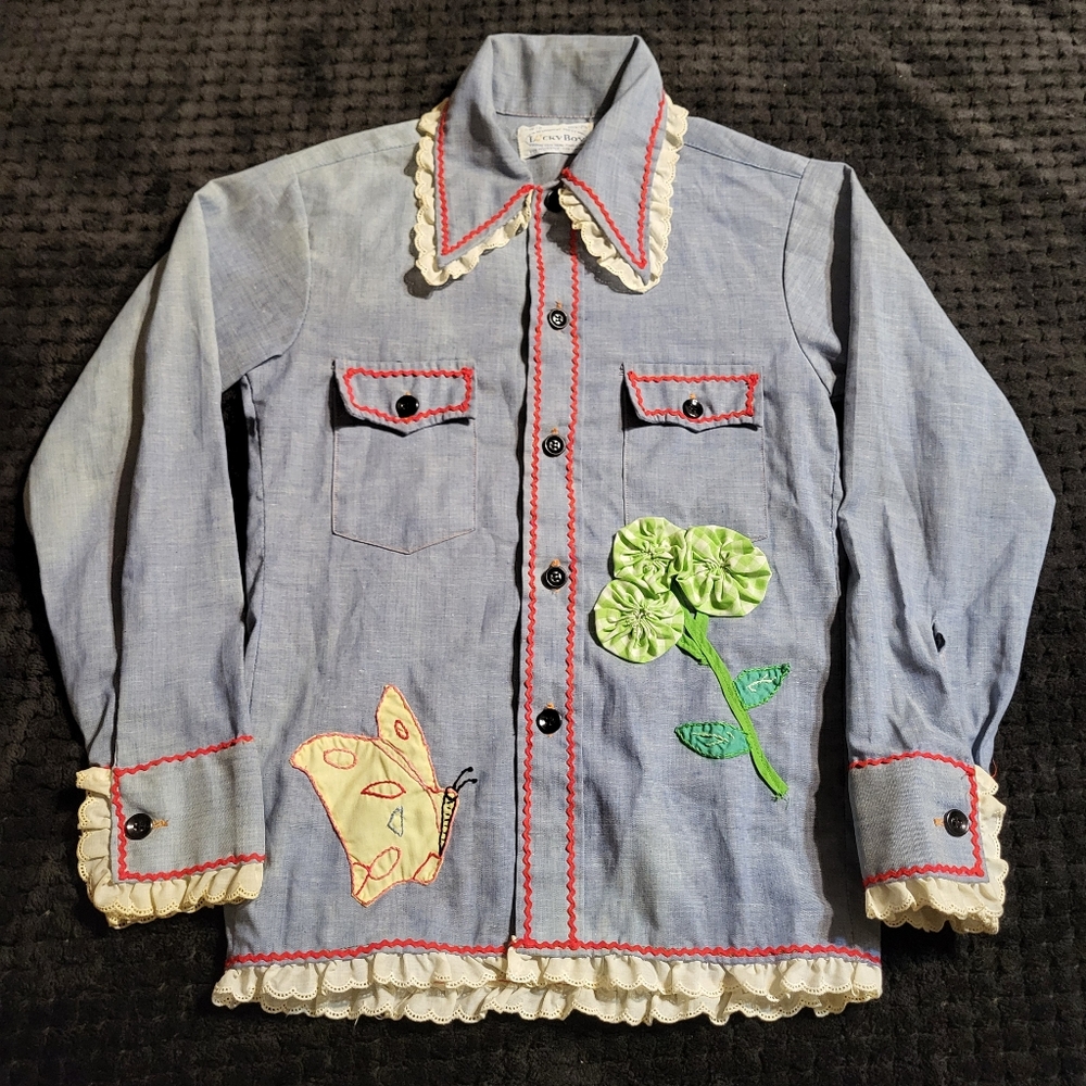 Vintage girls 1970s Appliqued button up top Size 12 cottagecore hippie